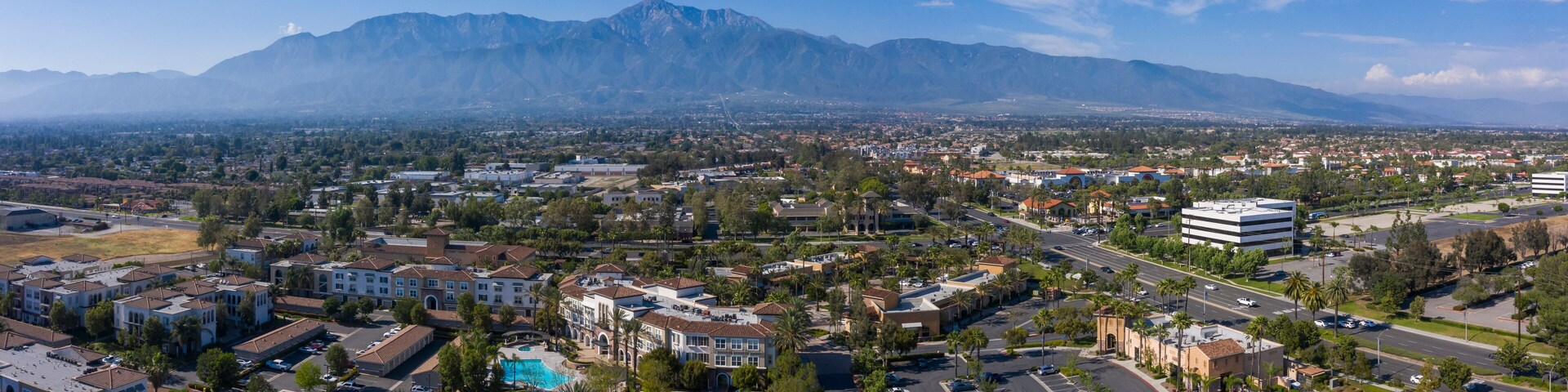 Daytime aerial view of downtown Rancho Cucamonga, California, USA.