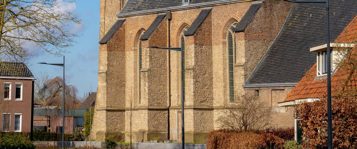 The Kiel Dorpskerk (Village Church) tower on the site of a chapel under blue sky, Olst is a town in the Dutch province of Overijssel, Located in the municipality of Olst-Wijhe, Deventer, Netherlands.