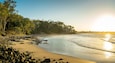 Surfer Beach Sunset. Surfer returning to shore at famous Little Cove beach, Noosa, Australia. Bright sand, rock pebbles and eucalyptus forest on the shore. Sun shines warm yellow.