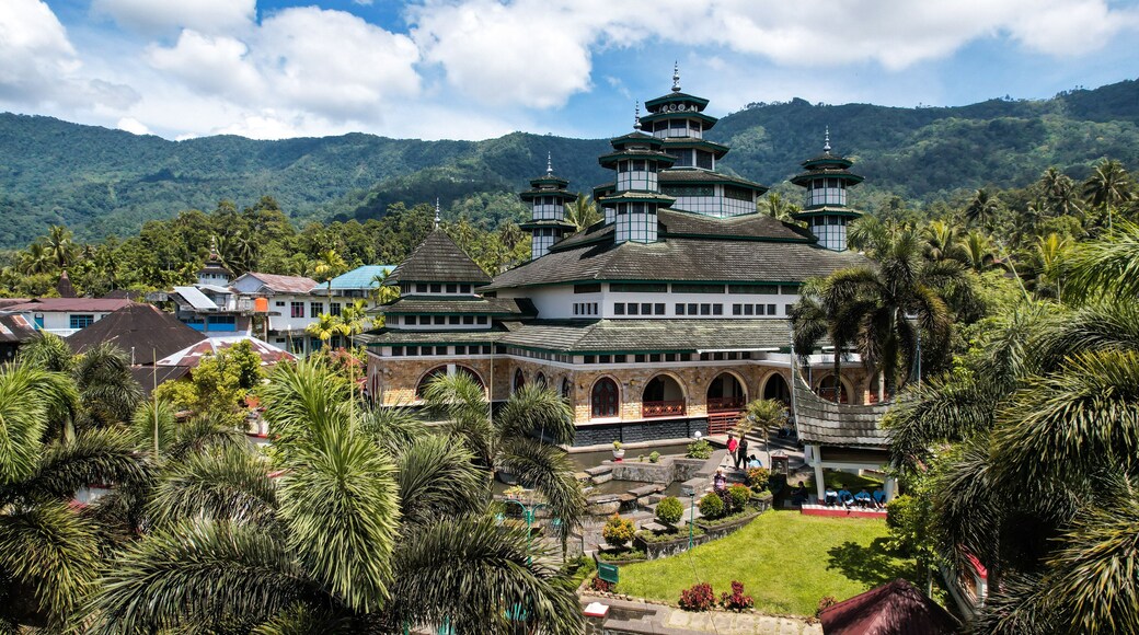 Aerial view of Raya Bayur Mosque Largest Masjid in Nagari Bayur, Tanjung Raya, Agam Regency. Ramadan Eid Concept background, Islamic background Mosque