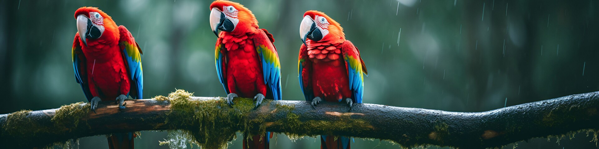 Three Scarlet Macaws Perch On a Branch to Take Refuge From The Rain Deep in the Amazon Rainforest