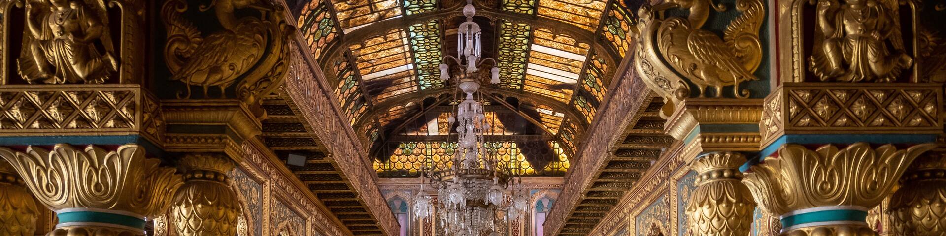 Beautiful decorated interior ceiling and pillars of the Durbar or audience hall inside the royal Mysore Palace