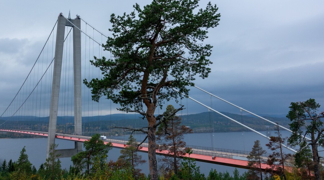 The High Coast Bridge in Sweden. It is a suspension bridge over the Angerman river between Kramfors and Harnosand municipalities in Adalen.