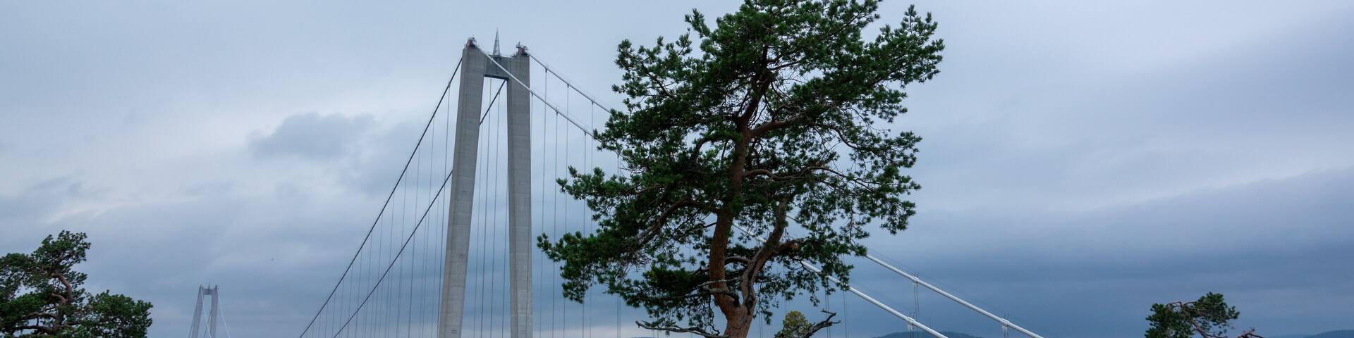 The High Coast Bridge in Sweden. It is a suspension bridge over the Angerman river between Kramfors and Harnosand municipalities in Adalen.