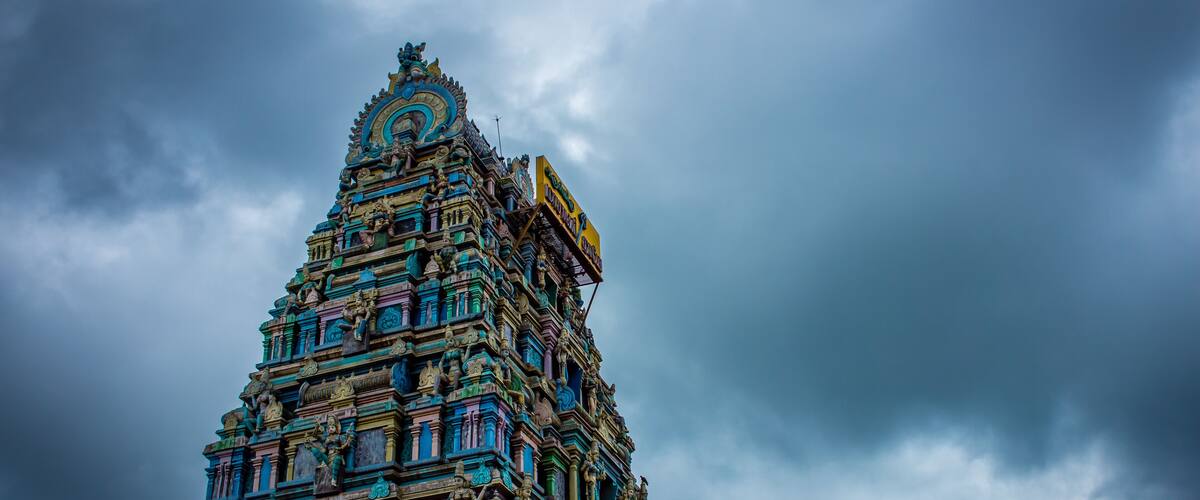 Beautiful view of the gopuram (tower) of Masani Amman Temple. (Translated from Tamil to English language as Maasani Mother). Located in Anaimalai, Pollachi, Coimbatore district of Tamil Nadu, India.