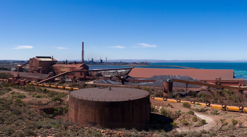 View of the steelworks and iron ore railway cars at Whyalla in South Australia