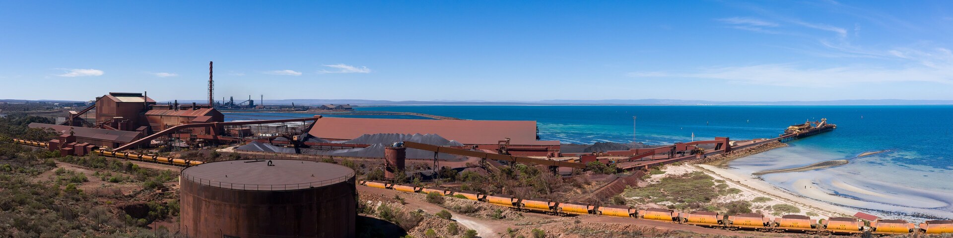 View of the steelworks and iron ore railway cars at Whyalla in South Australia