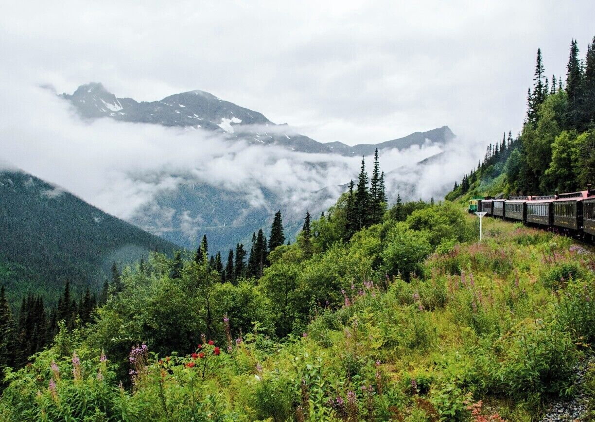 Going over the White Pass on the White Pass and Yukon Railway between Skagway, Alaska, and Carcross, Yukon. It follows one of the routes taken by the stampeders of the Klondike Gold Rush of 1897-1898. http://timeanddestination.com/trail-gold-rush-white-pass-yukon-route/