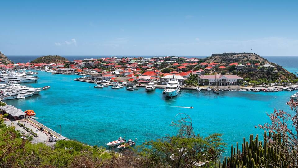 A coastal town with a marina filled with boats, a prominent hill with a fort, and red-roofed buildings.