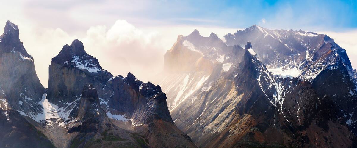 A panorama of Los Cuernos range in Torres del Paine national park, Patagonia, Chile.