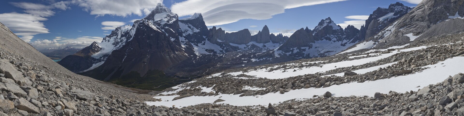 Panoramic view of the valley of the Cordillera del Paine mountains, French Valley, Torres del Paine National Park, Magallanes Region, Patagonia, Chile, South America, Latin America, America, South America