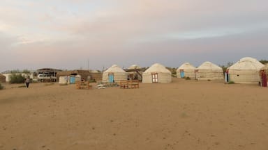 I had it noted as Nurata Desert, while this marker appears to be a nearby town. We were well over towards to the lake to the north. The yurts are not unlike the gers from where I live in Mongolia, although the small differences are many. The desert gets cooler at night but the yurts stayed way too hot. #colorful
