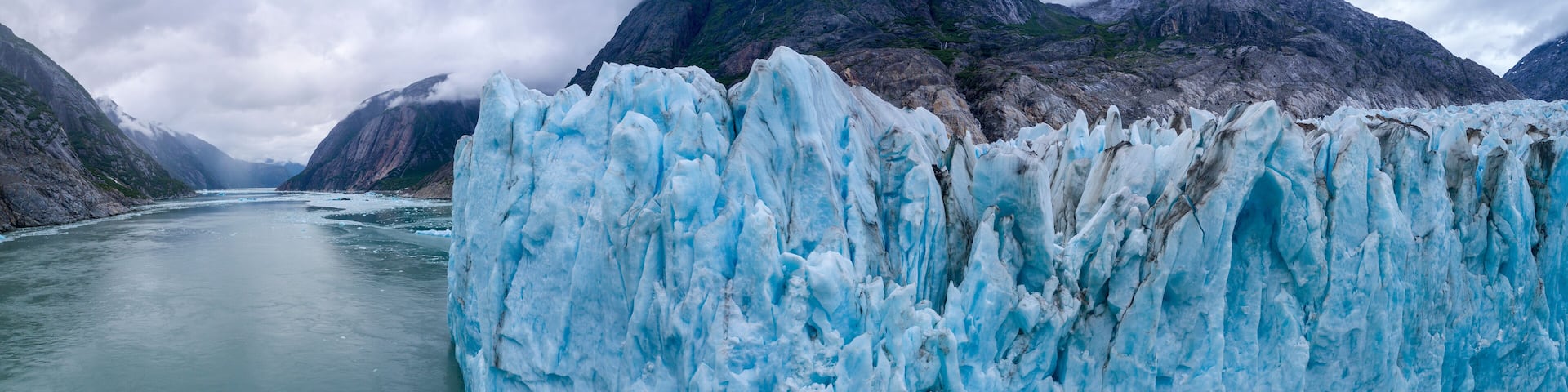 USA, Alaska, Aerial panoramic view of blue ice face of LeConte Glacier east of Petersburg