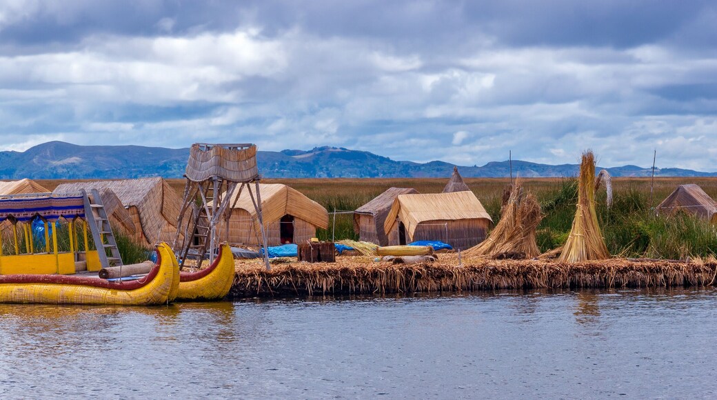 Traditional village on floating islands on lake Titicaca in Peru, South America