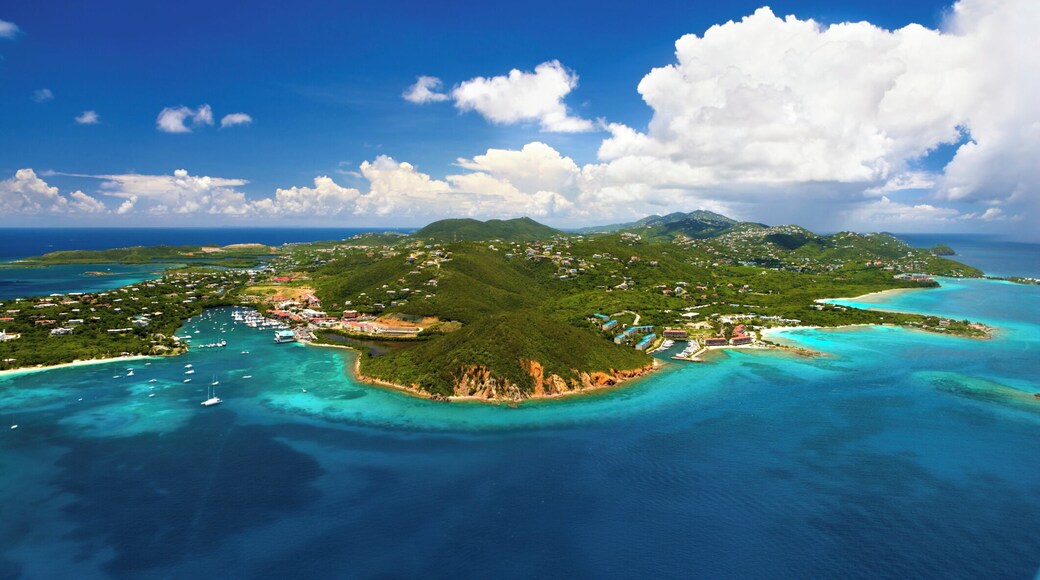Aerial shot of Red Hook, St. Thomas in US Virgin Islands in the foregound, taken from a light aircraft