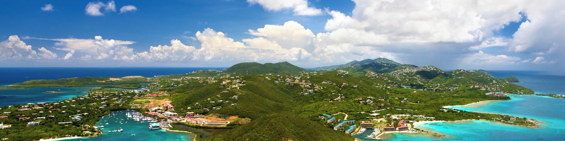 Aerial shot of Red Hook, St. Thomas in US Virgin Islands in the foregound, taken from a light aircraft