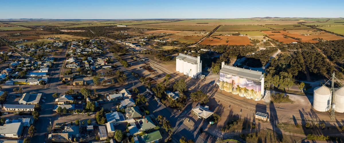 Kimba South Australia September 13th 2019 : Panoramic view of the small town of Kimba in South Australia, known as the halfway point across Australia