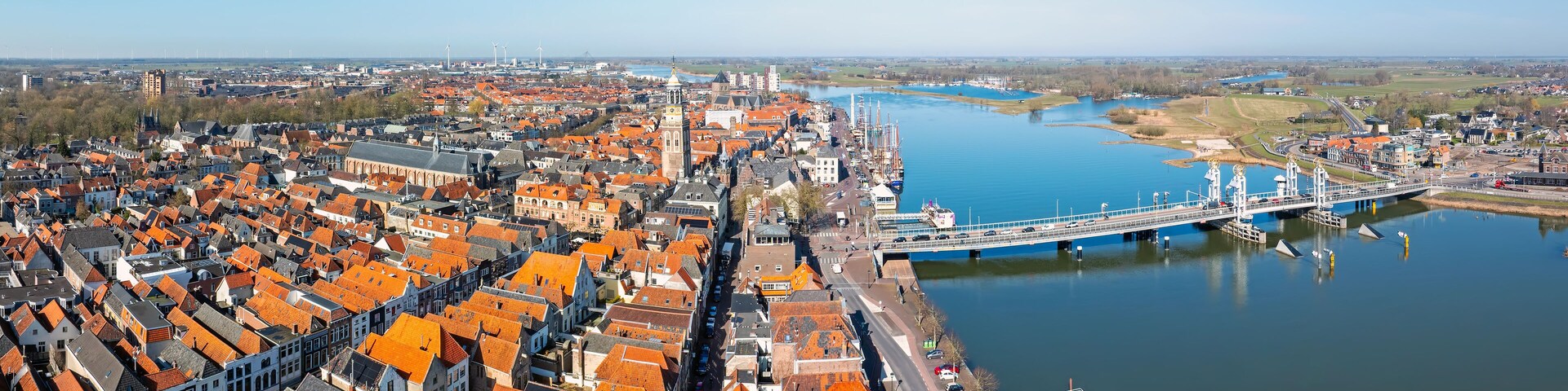 Aerial panorama from the historical city Kampen at the river IJssel in the Netherlands