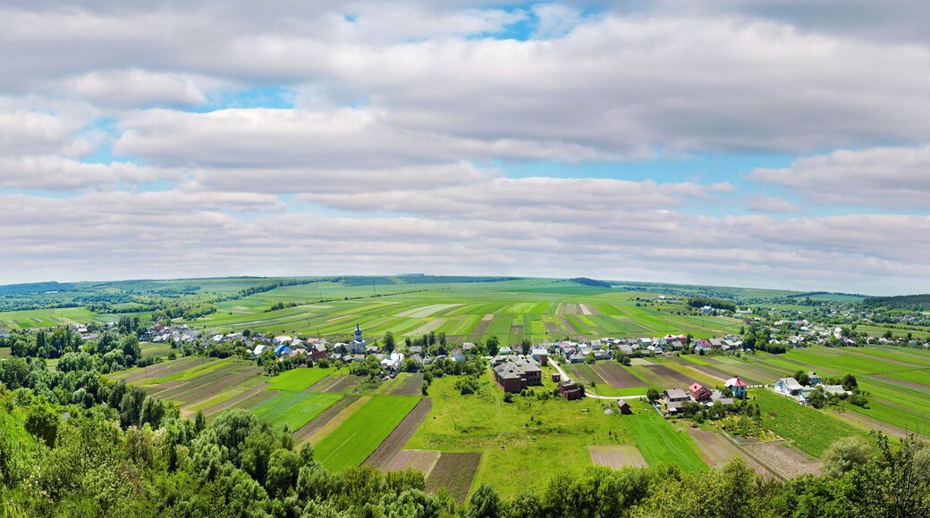 Big panoramic view from Pidhiryan Monastery to the neighboring villages of Podgora, Semeniv, Zelenche. Ukraine, Podgora village, Ternopil region, Terebovlya district.