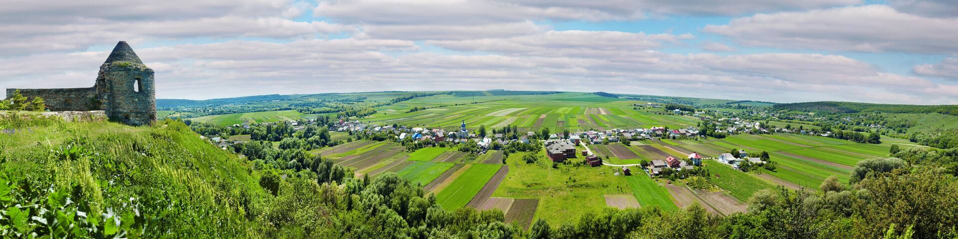 Big panoramic view from Pidhiryan Monastery to the neighboring villages of Podgora, Semeniv, Zelenche. Ukraine, Podgora village, Ternopil region, Terebovlya district.