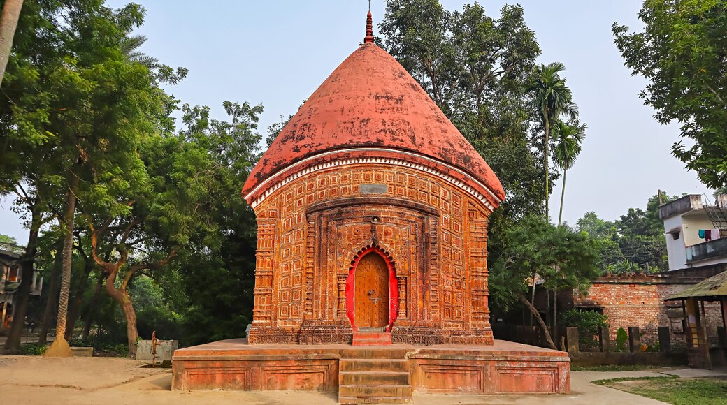Front view of Raghabeshwar Temple, a 17th-century terracotta structure from the Nadia Dynasty, Dignagar, Nadia District, West Bengal, India.