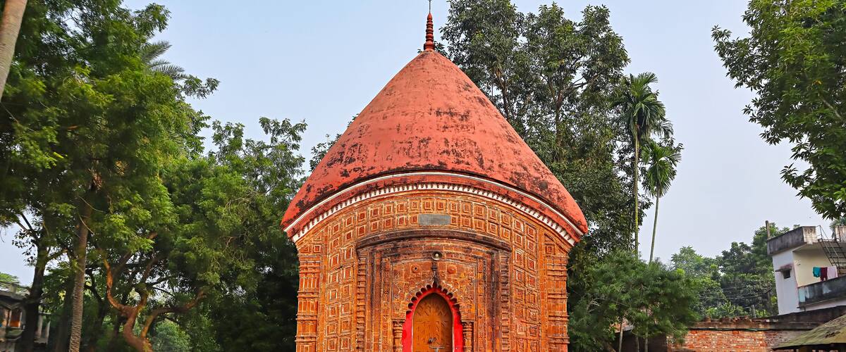 Front view of Raghabeshwar Temple, a 17th-century terracotta structure from the Nadia Dynasty, Dignagar, Nadia District, West Bengal, India.