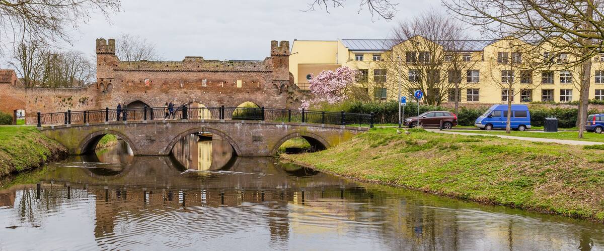 Ancient city wall and entrance to the city center of Zutphen, a medieval city along the river IJssel in Gelderland in the Netherlands