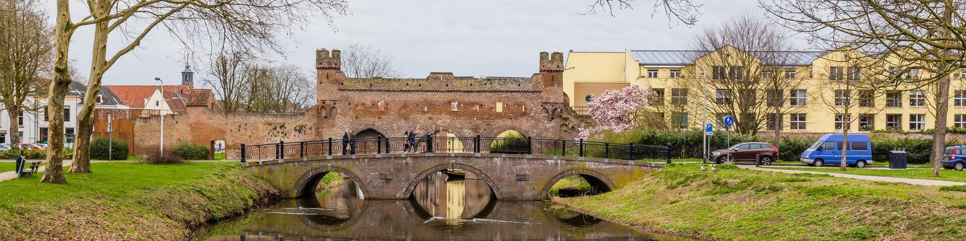 Ancient city wall and entrance to the city center of Zutphen, a medieval city along the river IJssel in Gelderland in the Netherlands