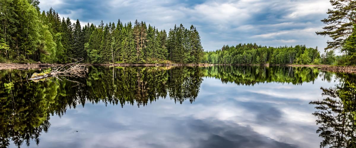 Summer in Sweden a cloudy day. Lake in the forest. Sky reflection in the lake