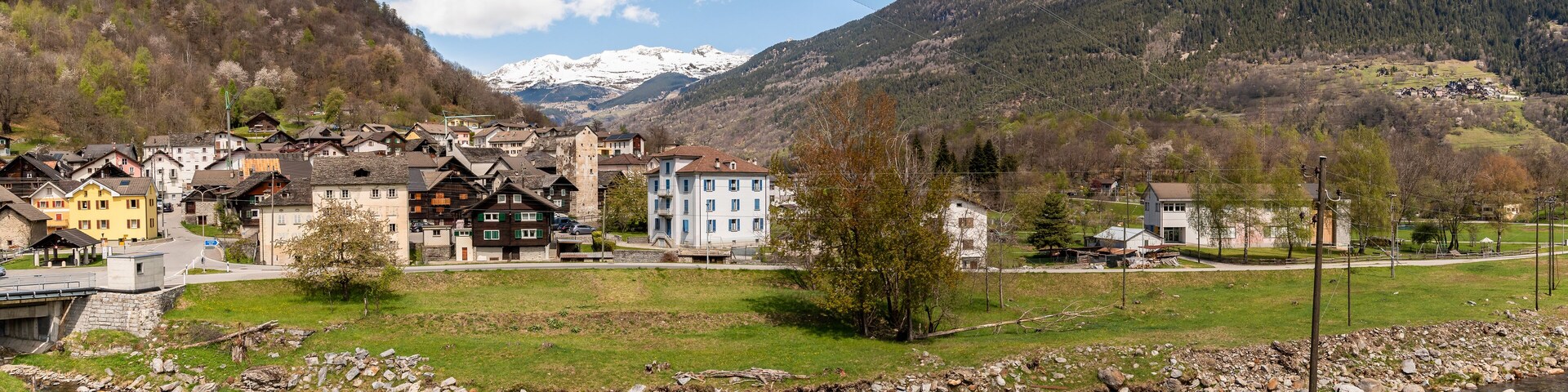 View of the small village Chironico, is a fraction of the municipality of Faido, in the Canton of Ticino, district of Leventina, Switzerland