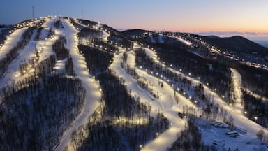 Pista de esqui coberta de neve ao entardecer, com caminhos e árvores iluminados.