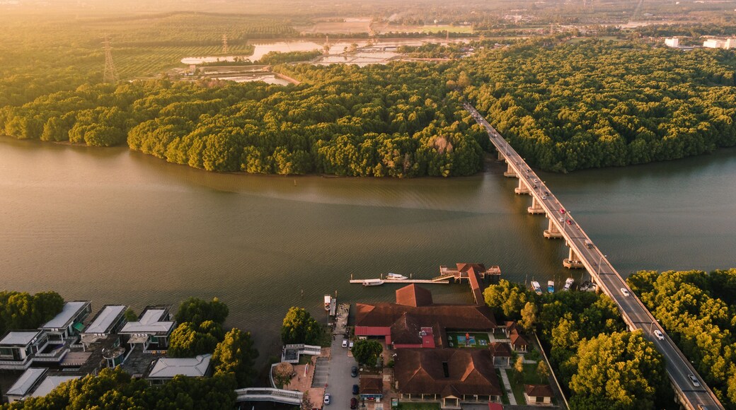 Sungai Petani city on Jerai Hill's view background during sunset. Shot on drone