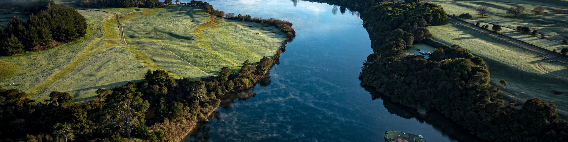 Aerial shot of Little Waipa Reserve River in South Waikato District, New Zealand