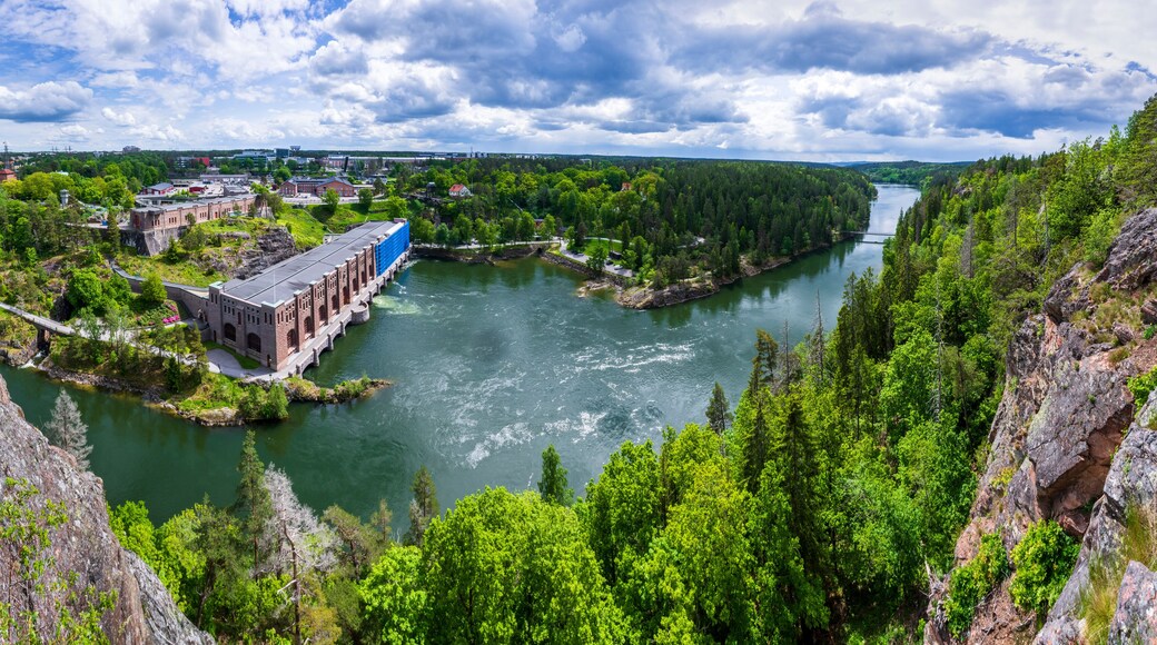 Sweden, Vastra Gotaland County, Trollhattan, Panoramic view of Gota Alv river and Olidan Power Plant
