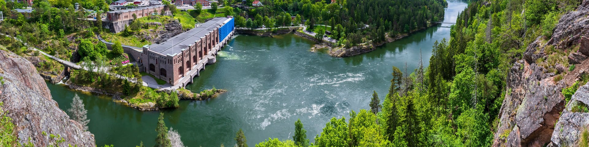 Sweden, Vastra Gotaland County, Trollhattan, Panoramic view of Gota Alv river and Olidan Power Plant