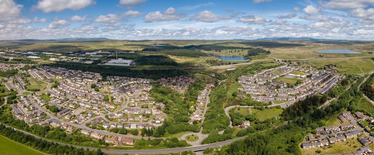 Panoramic aerial drone view of the town of Ebbw Vale in the South Wales Valleys