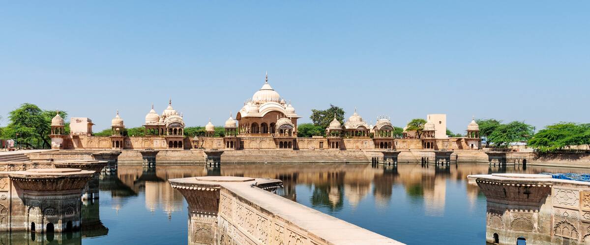 Kusum Sarovar, a sacred water reservoir on the holy Govardhan Hill in Mathura district of Uttar Pradesh, India, Asia