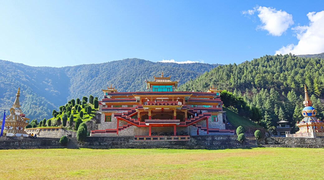 Expansive front view of Thupsung Dhargye Ling Monastery showcasing its grandeur, Dirang, West Kameng, Arunachal Pradesh, India.