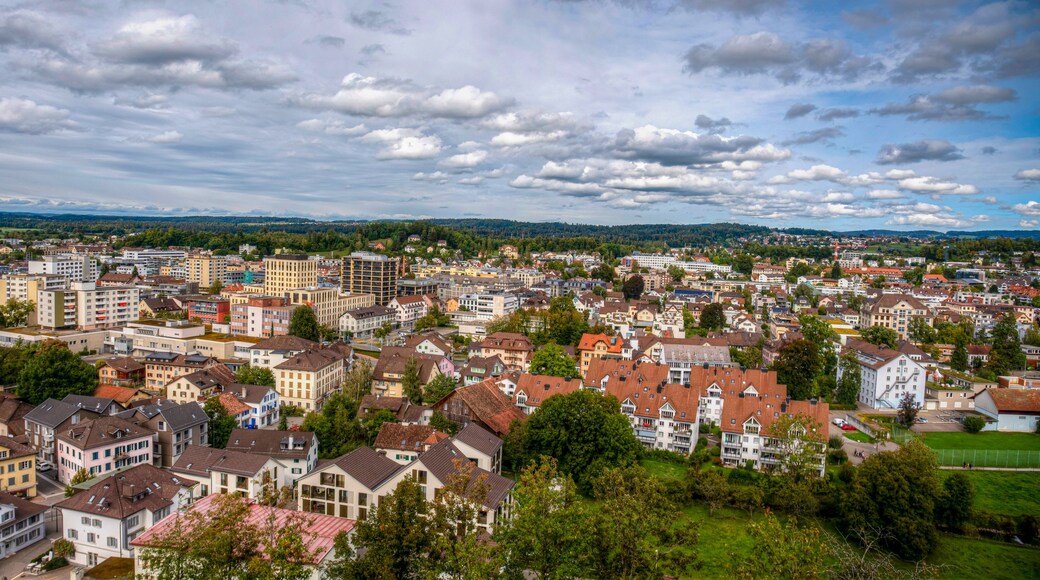 A panoramic view of a town with a mix of residential buildings and a distant hilly landscape under a partly cloudy sky.