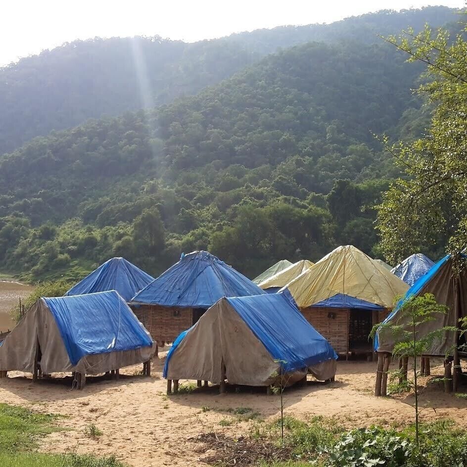 A campsite with several tents, surrounded by a forested hillside.