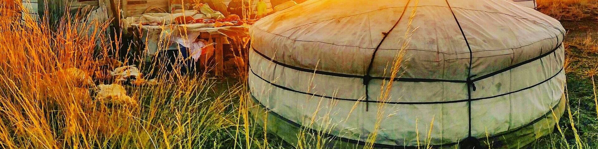 A yurt in a grassy field with a sunset in the background.