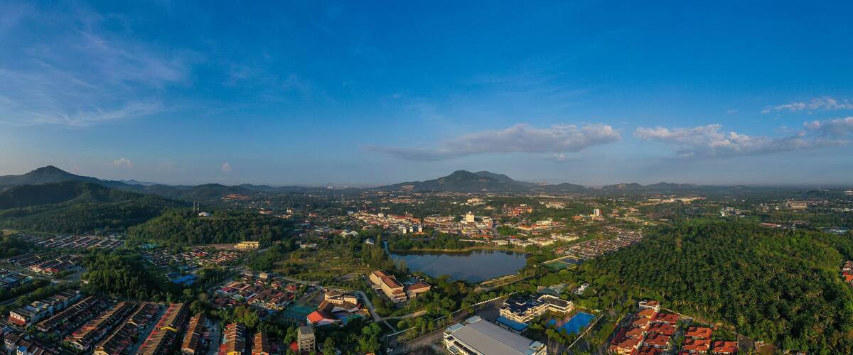 Aerial panaroma view town of Kulim, Kedah, Malaysia. The Kulim District is a district and town in the state of Kedah, Malaysia. It is located on the southeast of Kedah, bordering Penang.