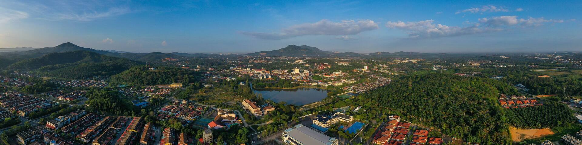 Aerial panaroma view town of Kulim, Kedah, Malaysia. The Kulim District is a district and town in the state of Kedah, Malaysia. It is located on the southeast of Kedah, bordering Penang.