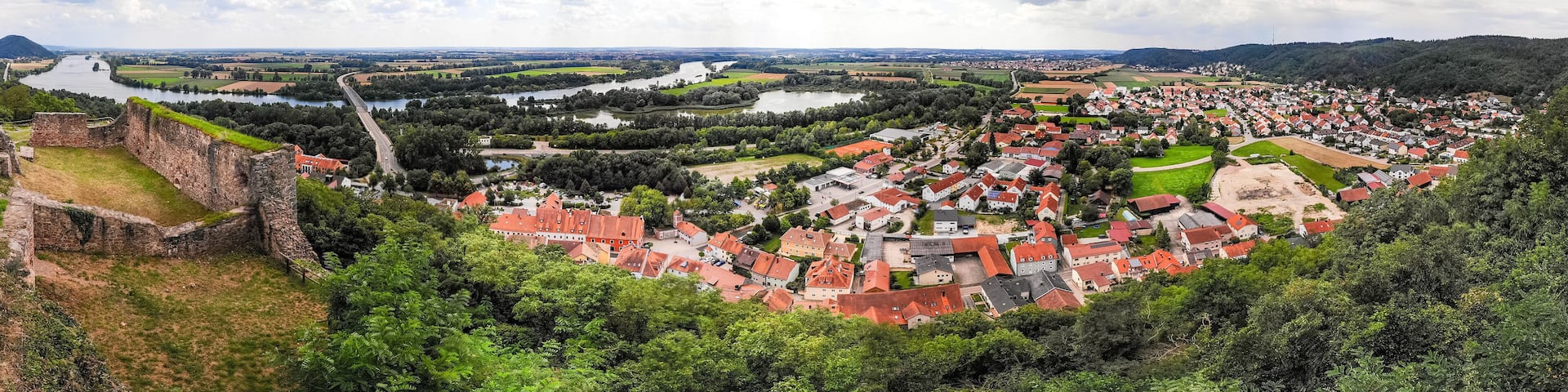 Panoramic landscape of Donaustauf town, Bavaria, Germany. Danube river and beautiful nature, summer time