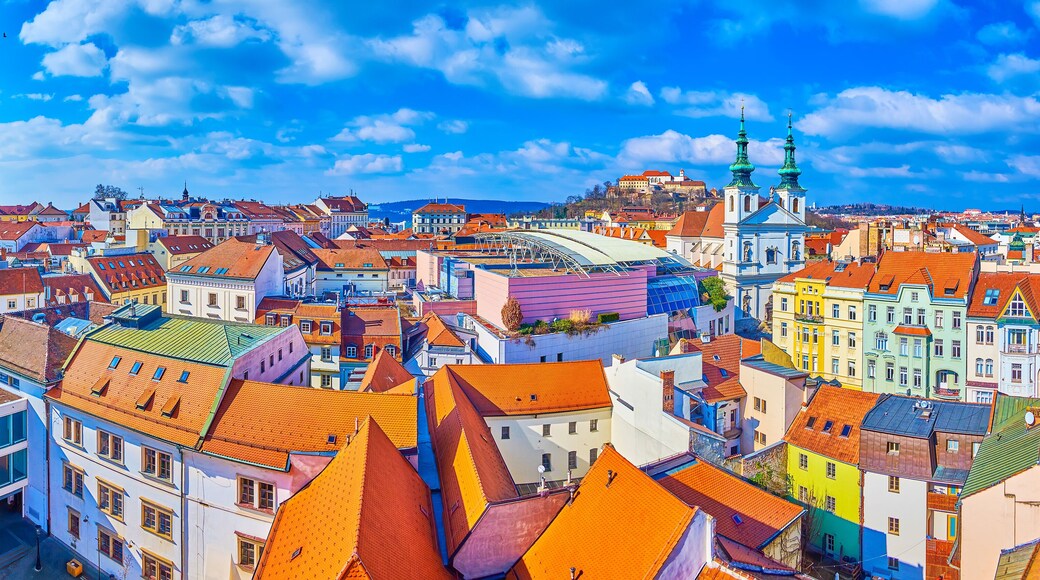 Panorama of the old town with red roofs of residential houses and Cathedral with Spilberk citadel on background, Brno, Czech Republic