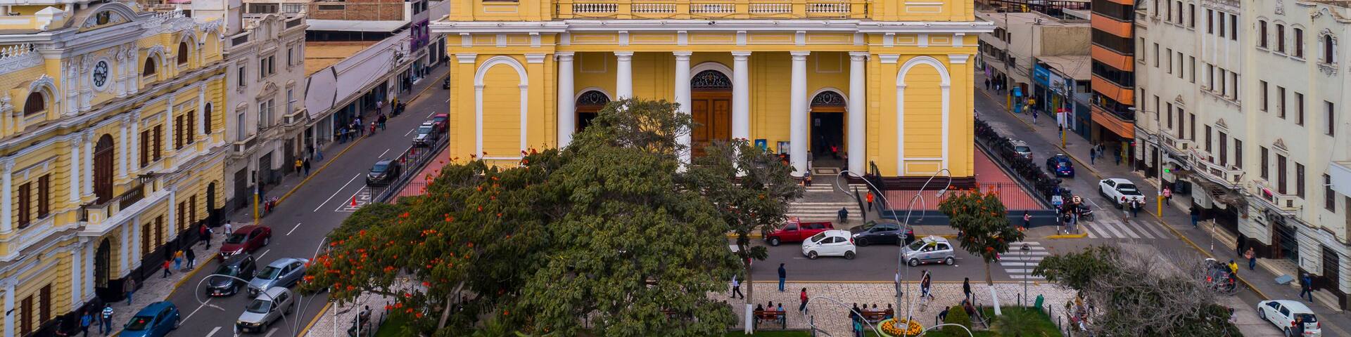 Chiclayo, Peru: Aerial drone view of the Chiclayo main square and cathedral church