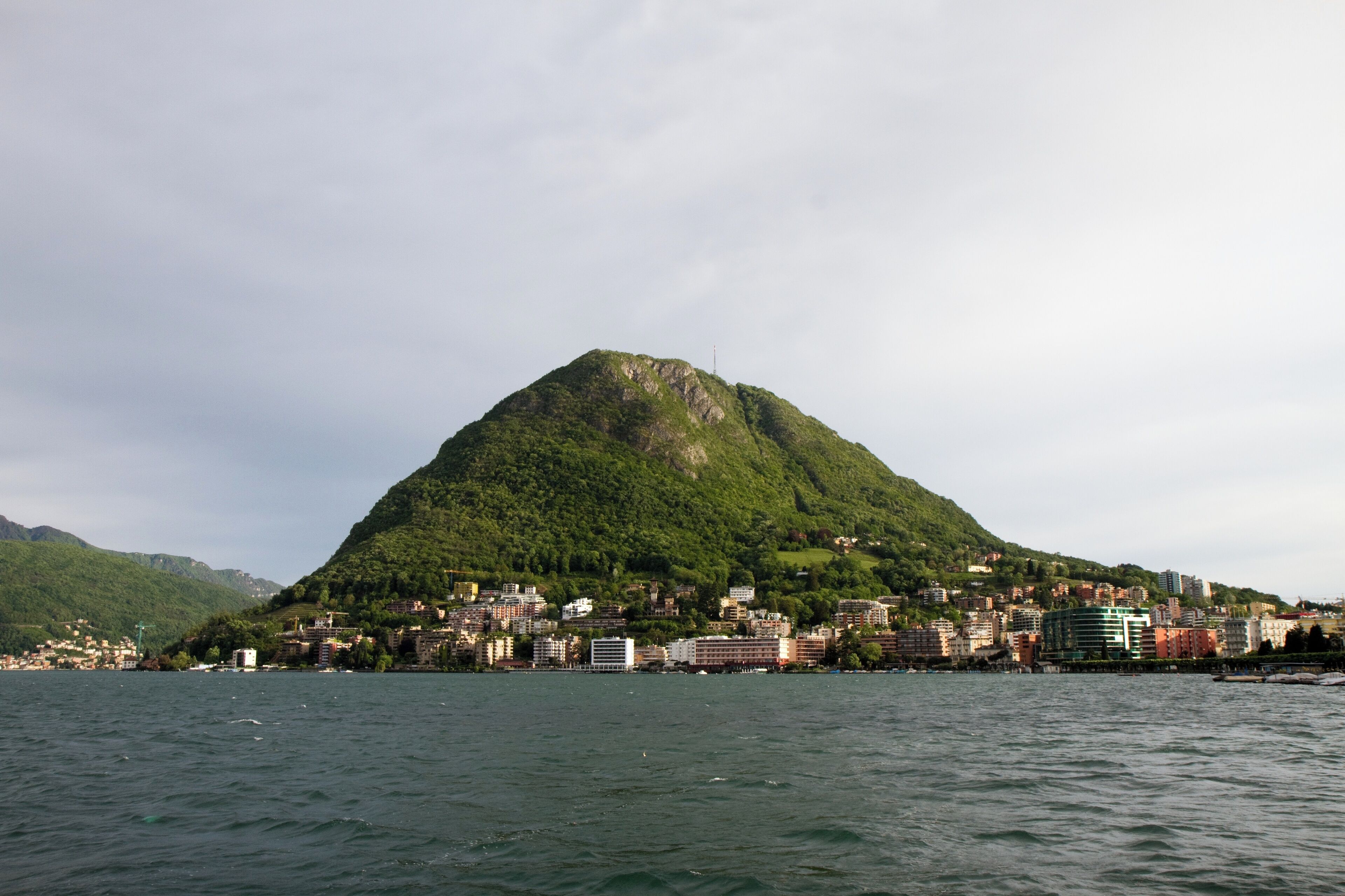 View of Monte San Salvatore, as seen from Piazza Luini, Lugano, Switzerland.