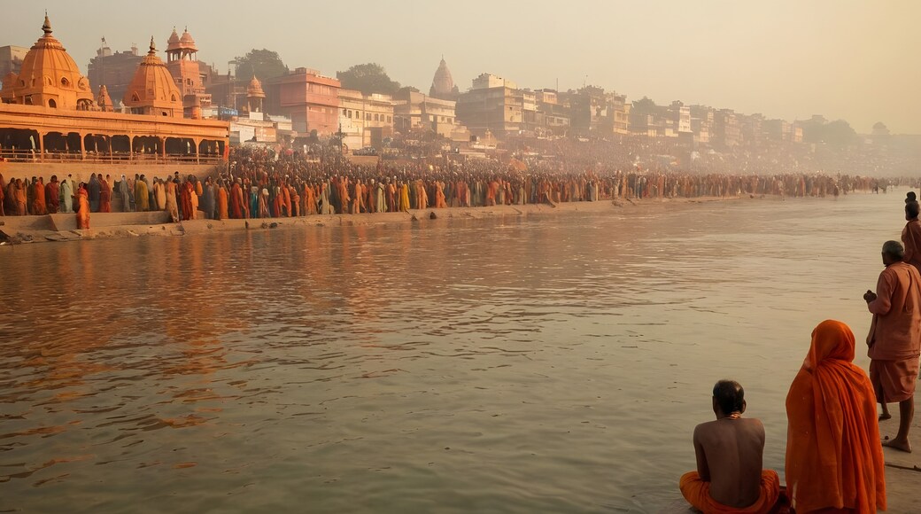 A tranquil scene of pilgrims immersing themselves in the Ganges River during the Kumbh Mela, reflecting the profound spirituality and devotion of the event.