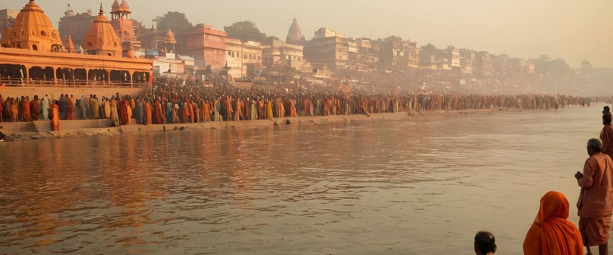 A tranquil scene of pilgrims immersing themselves in the Ganges River during the Kumbh Mela, reflecting the profound spirituality and devotion of the event.