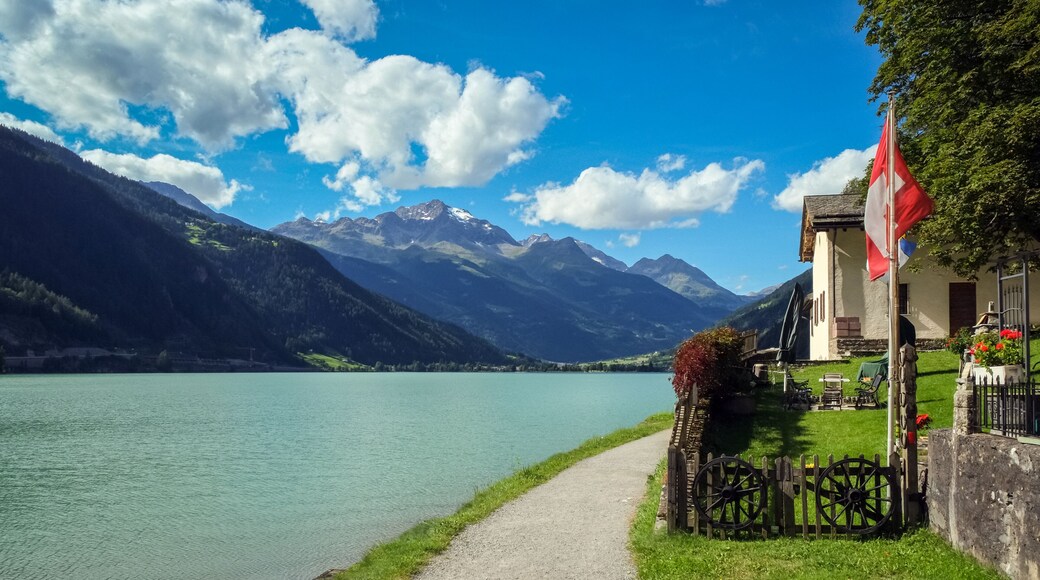 View on the lovely Lago di Poschiavo (Graubunden, Switzerland). Poschiavo is a municipality in the district of Bernina in the canton of Graubünden in Switzerland